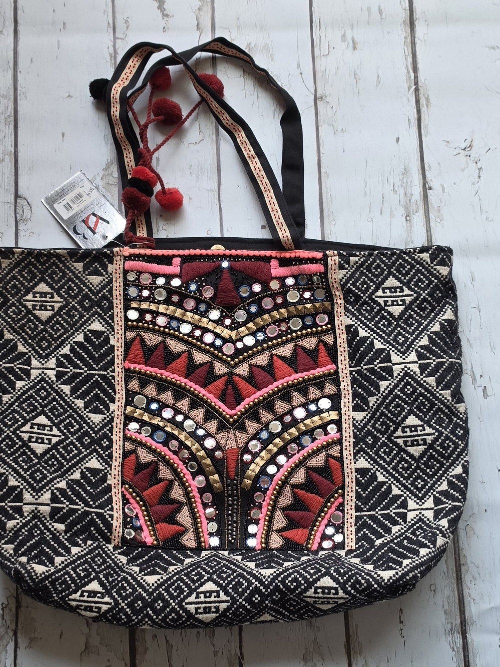 Large Beaded Black Embroidered Tote with Pink & Red Accents
